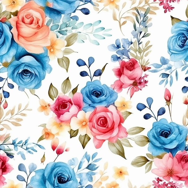 Watercolor seamless pattern with flowers on a white background