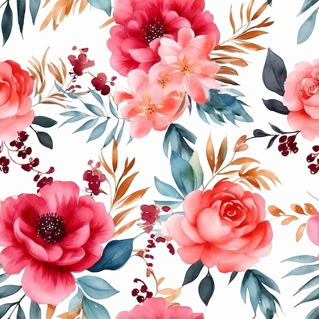 Watercolor seamless pattern with flowers on a white background