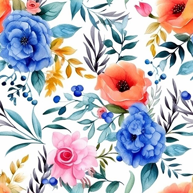 Watercolor seamless pattern with flowers on a white background