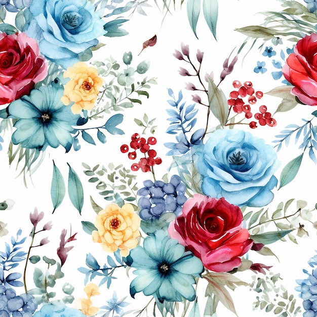 Watercolor seamless pattern with flowers on a white background