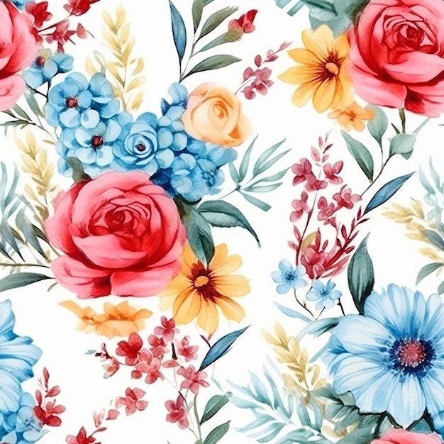 Watercolor seamless pattern with flowers on a white background