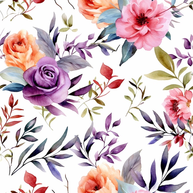 Watercolor seamless pattern with flowers on a white background