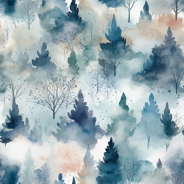 Watercolor seamless pattern with a forest of trees and snowflakes