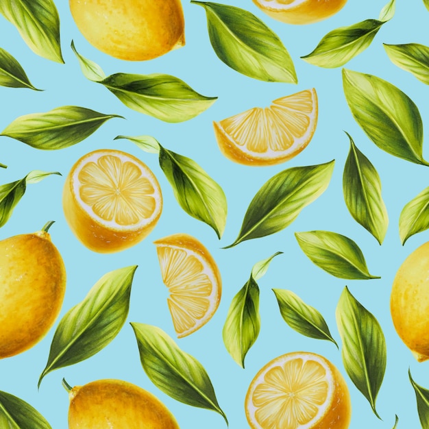 Watercolor seamless pattern with fresh ripe lemon with bright green leaves and flowers Hand drawn