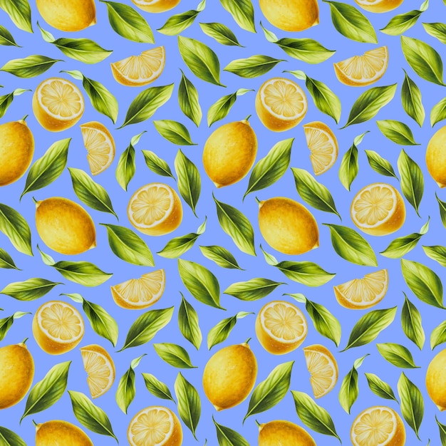 Watercolor seamless pattern with fresh ripe lemon with bright green leaves and flowers Hand drawn