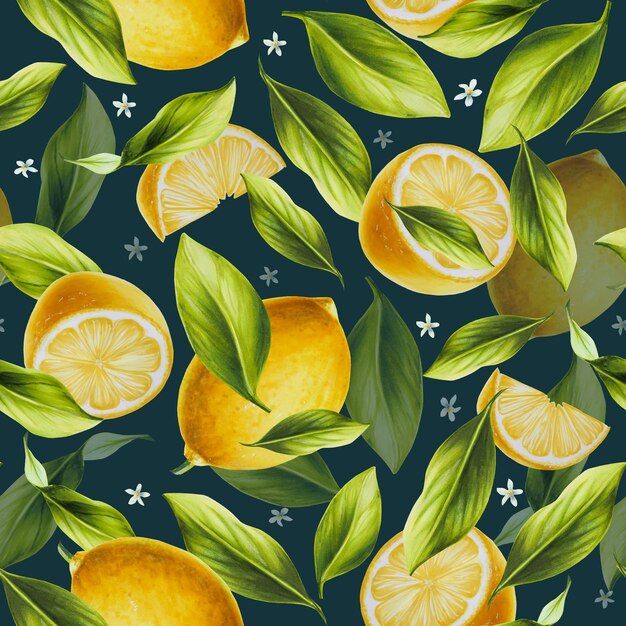 Watercolor seamless pattern with fresh ripe lemon with bright green leaves and flowers Hand drawn