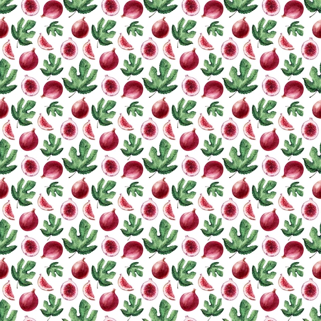 Watercolor seamless pattern with fruits and fig leaves