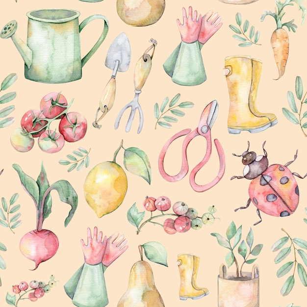 Watercolor seamless pattern with gardening tools and plants.