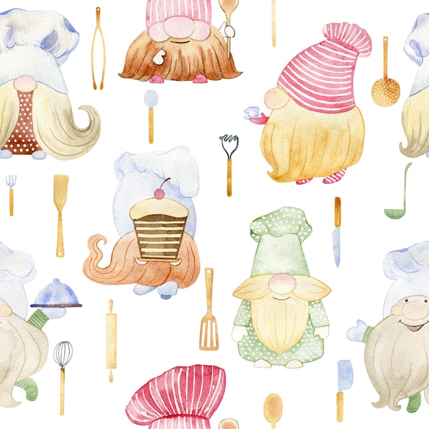 Watercolor seamless pattern with gnomes on white background