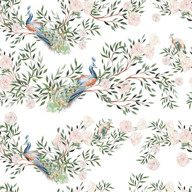 Watercolor seamless pattern with green leaves pink roses and peacoc