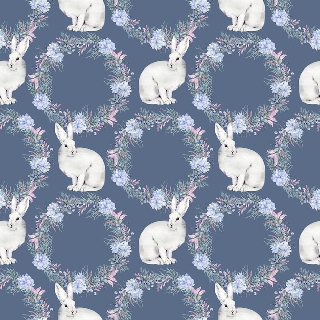 Watercolor seamless pattern with hand drawn cute hares in floral wreaths. Beautiful animal. Christmas or Easter design