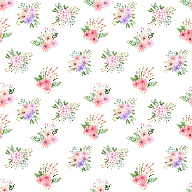 Watercolor seamless pattern with handdrawn flowers and leaves