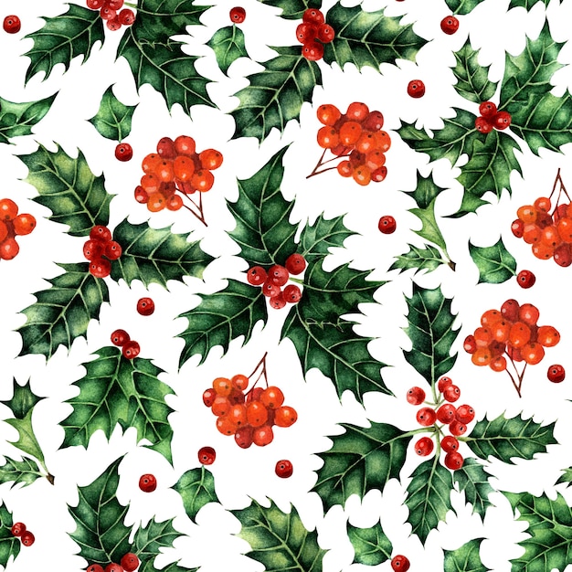 watercolor seamless pattern with holly leaves and rowan berries festive pattern for christmas