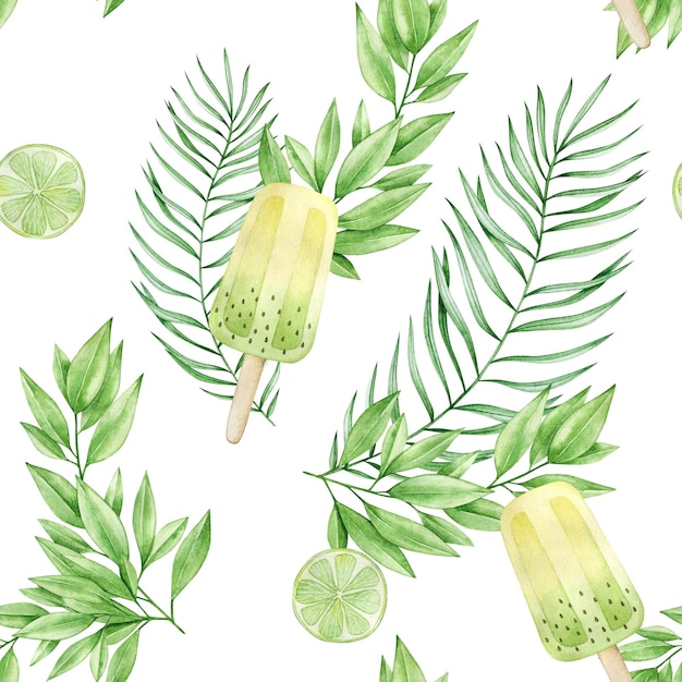 Watercolor seamless pattern with ice cream tropical leaves lime Isolated on white background