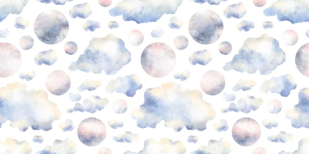 Watercolor seamless pattern with illustration of blue clouds gradient planets moon white background