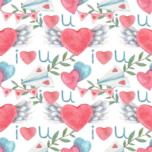 Watercolor seamless pattern with illustration in the form of mail envelopes hearts wings