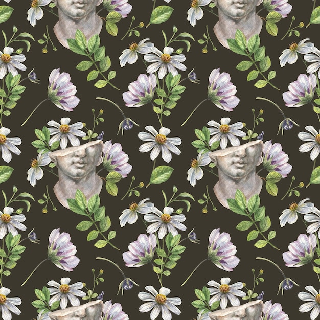 Watercolor seamless pattern with an illustration of a plaster head decorated with wildflowers.