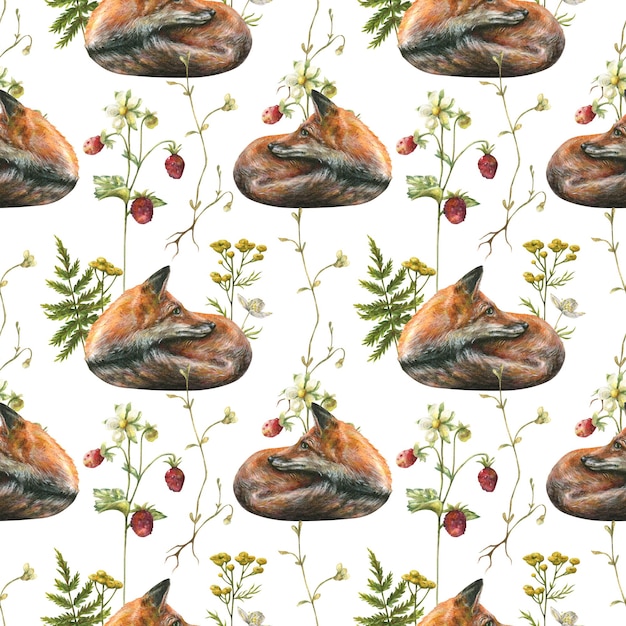 Watercolor seamless pattern with an illustration of a wild fox animal