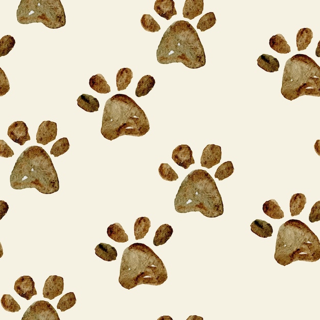 Watercolor seamless pattern with the imprint of cat paws