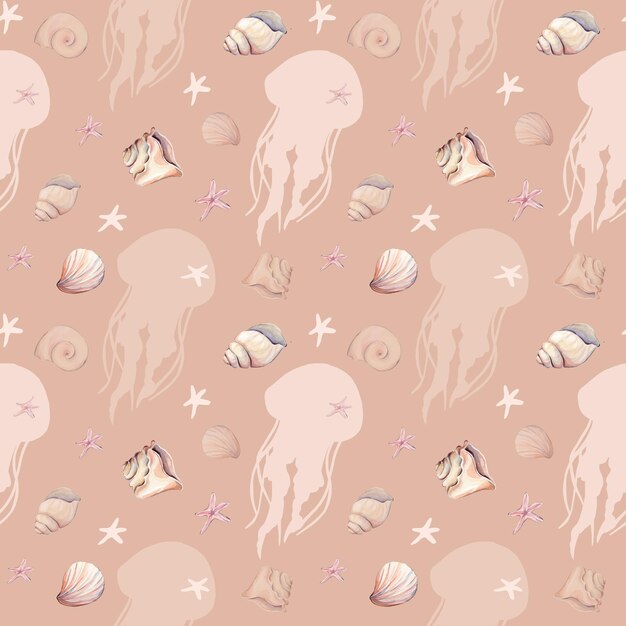 Watercolor seamless pattern with jelly fish star fish and fish