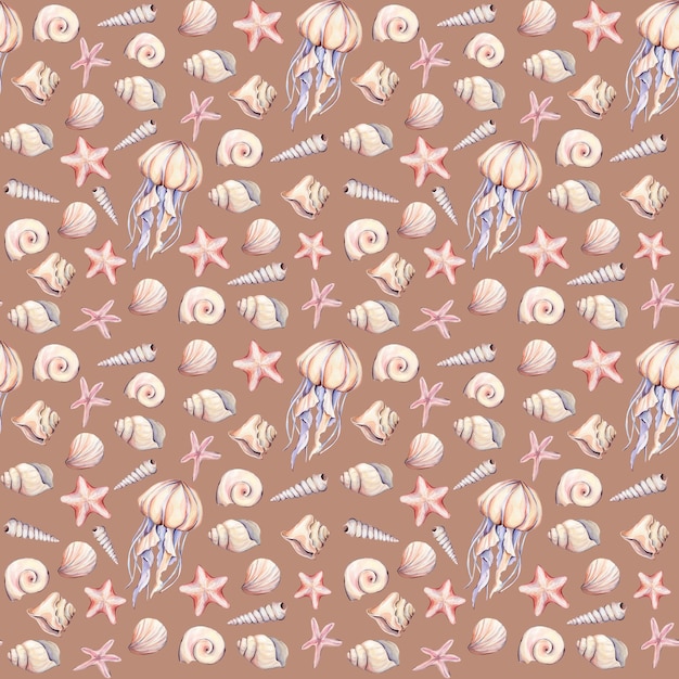 Watercolor seamless pattern with jelly fish star fish and fish