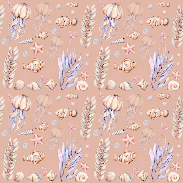 Watercolor seamless pattern with jelly fish star fish and fish