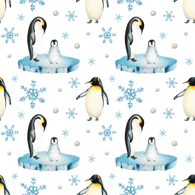 Watercolor seamless pattern with king penguin family on the floating ice isolated Hand painting real