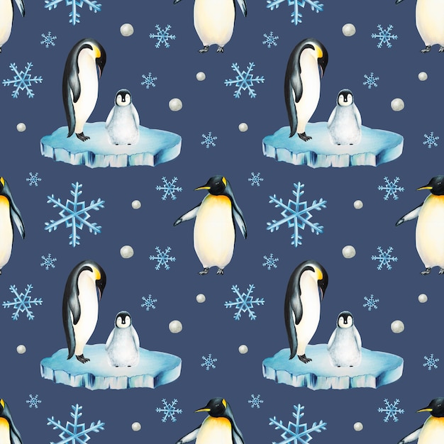 Watercolor seamless pattern with king penguin family on the floating ice isolated Hand painting real