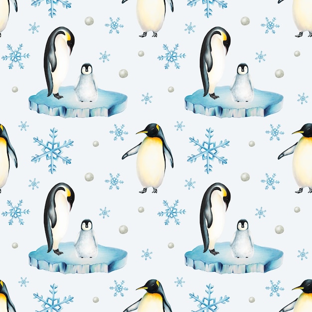 Watercolor seamless pattern with king penguin family on the floating ice isolated Hand painting real