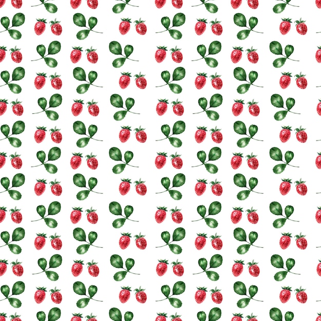 Watercolor seamless pattern with leaves and twigs ripe strawberries
