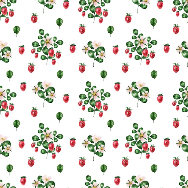 Watercolor seamless pattern with leaves and twigs ripe strawberries
