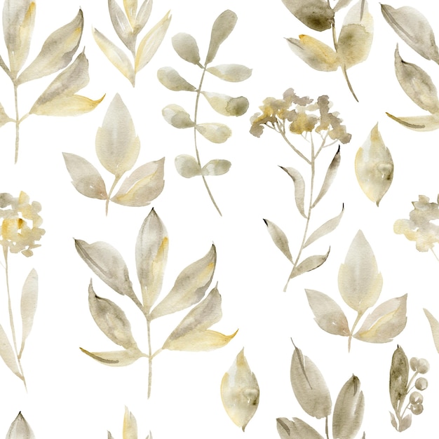 Watercolor seamless pattern with leaves on the white background