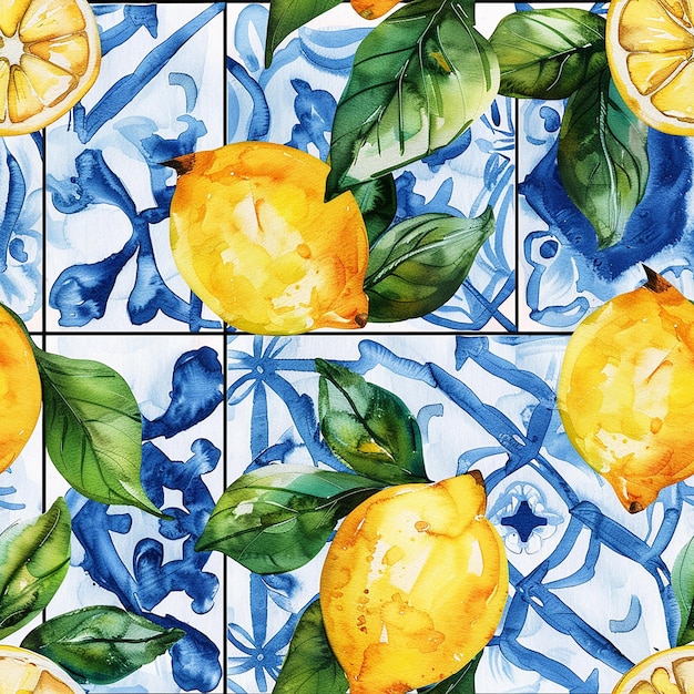 Photo watercolor seamless pattern with lemons and blue patterns vintage print