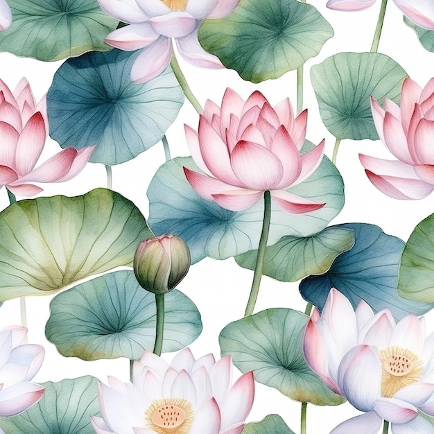 Watercolor seamless pattern with lotus flowers and leaves on a white background. watercolor seamless pattern with lotus flowers and leaves on a white background stock illustration