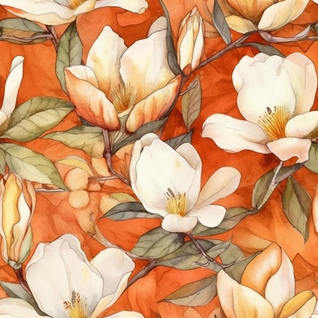 Watercolor seamless pattern with magnolia flowers on an orange background.