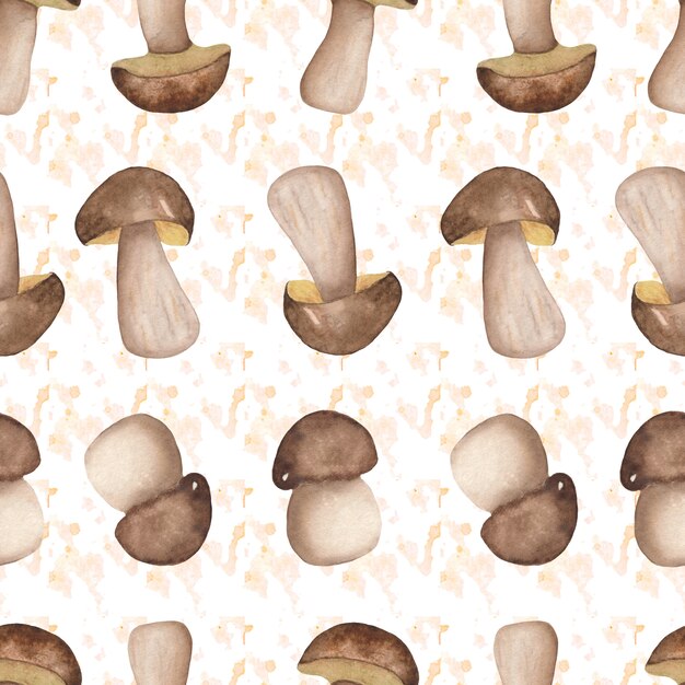 Watercolor Seamless pattern with mushrooms on the orange watercolor spotted background