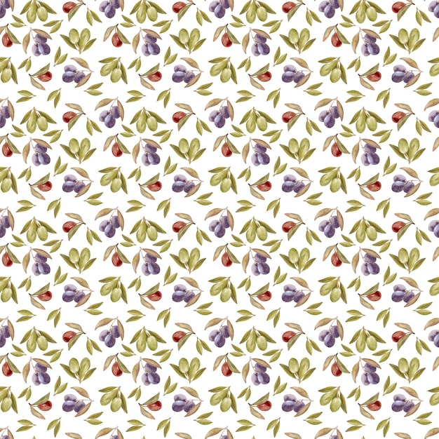 Watercolor seamless pattern with olive plant