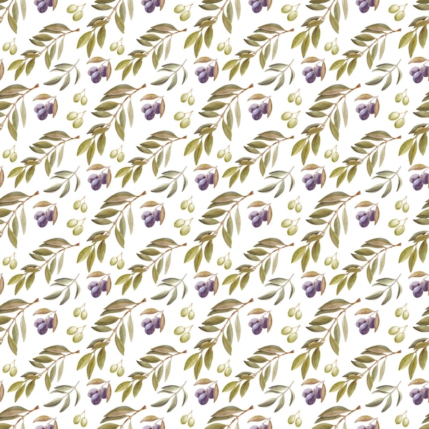 Watercolor seamless pattern with olive plant