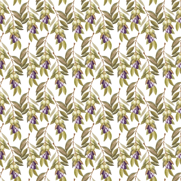 Watercolor seamless pattern with olive plant