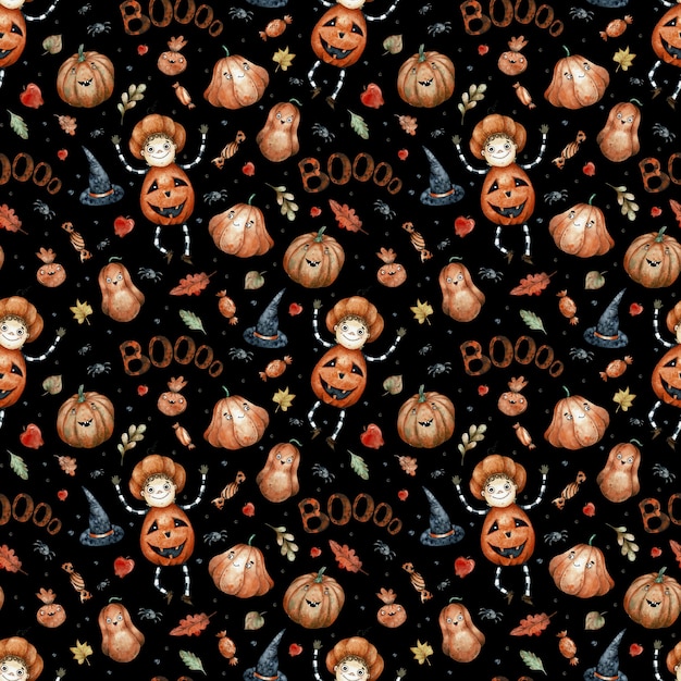 Watercolor seamless pattern with orange Halloween candies, pumpkins, mushrooms, black hats and spikes. Halloween decoration endless background.