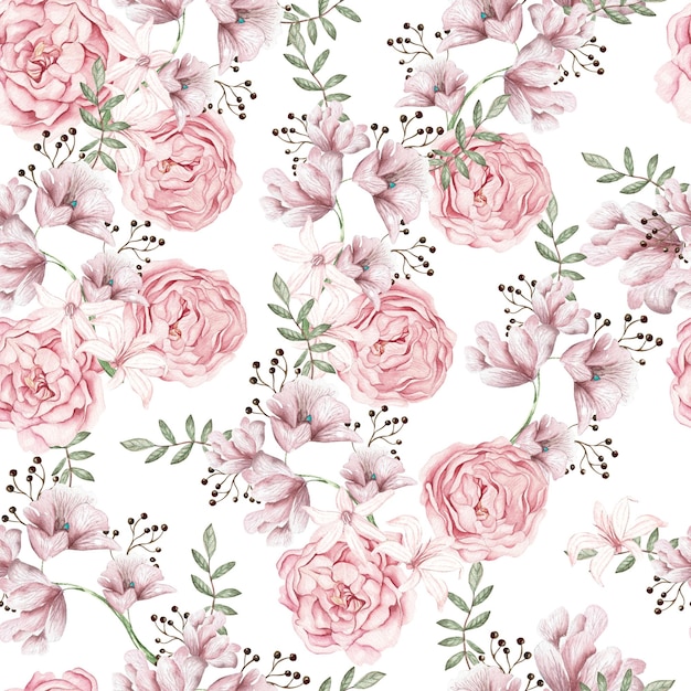 Watercolor seamless pattern with peony flowers and delphinium. Illustration.