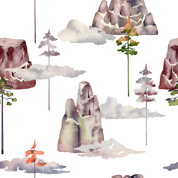 Watercolor seamless pattern with pine trees mountains and clouds