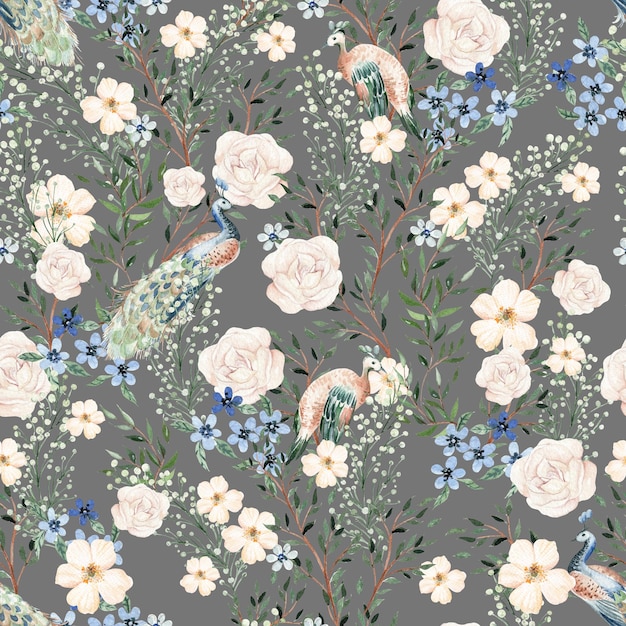 Watercolor seamless pattern with pink and blue flowers and leaves different leaves and peacoc bird