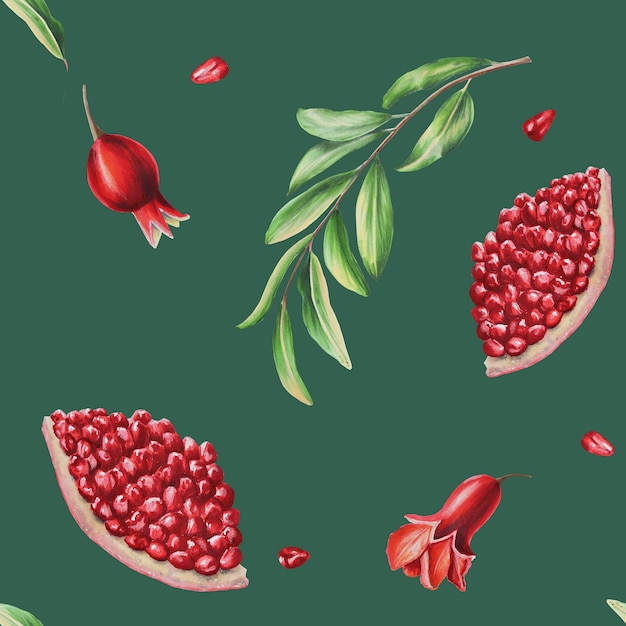 Watercolor seamless pattern with pomegranate seeds and flowers and leafs Hand drawn realistic tasty