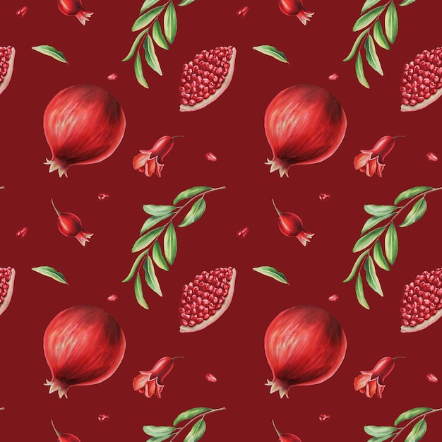 Watercolor seamless pattern with pomegranate seeds and flowers and leafs Hand drawn realistic tasty