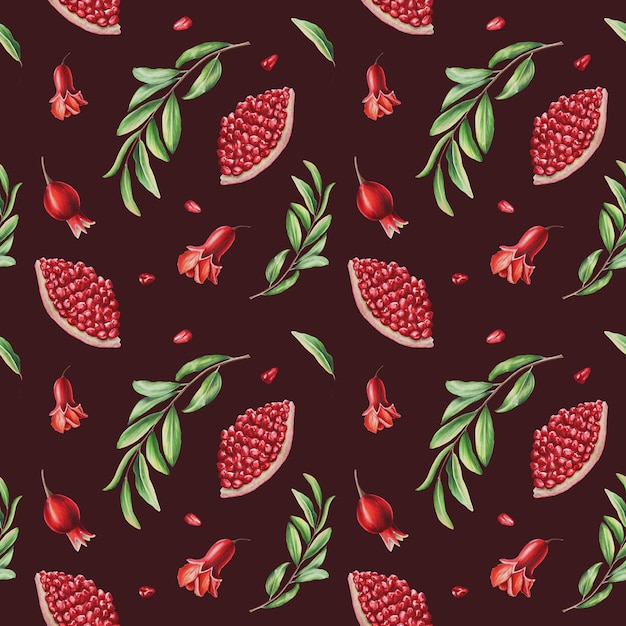 Watercolor seamless pattern with pomegranate seeds and flowers and leafs Hand drawn realistic tasty