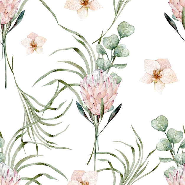 Watercolor seamless pattern with protea eucalyptus orchid green grass Isolated on white