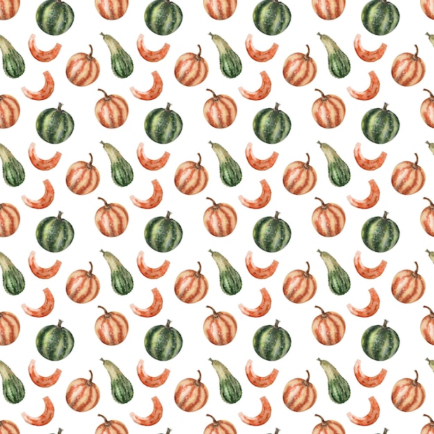 Watercolor seamless pattern with pumpkins and leaves