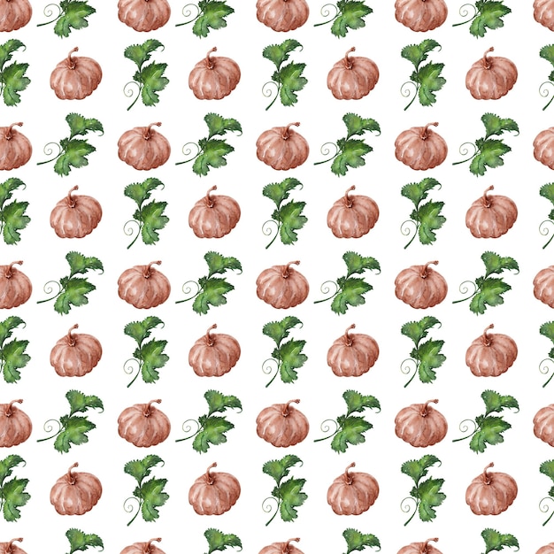 Watercolor seamless pattern with pumpkins and leaves