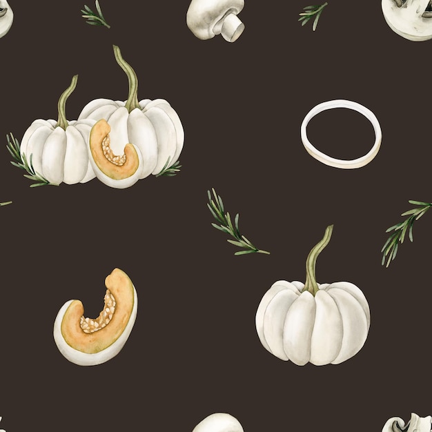 Watercolor seamless pattern with pumpkins mushrooms onion rings and rosemary on dark background